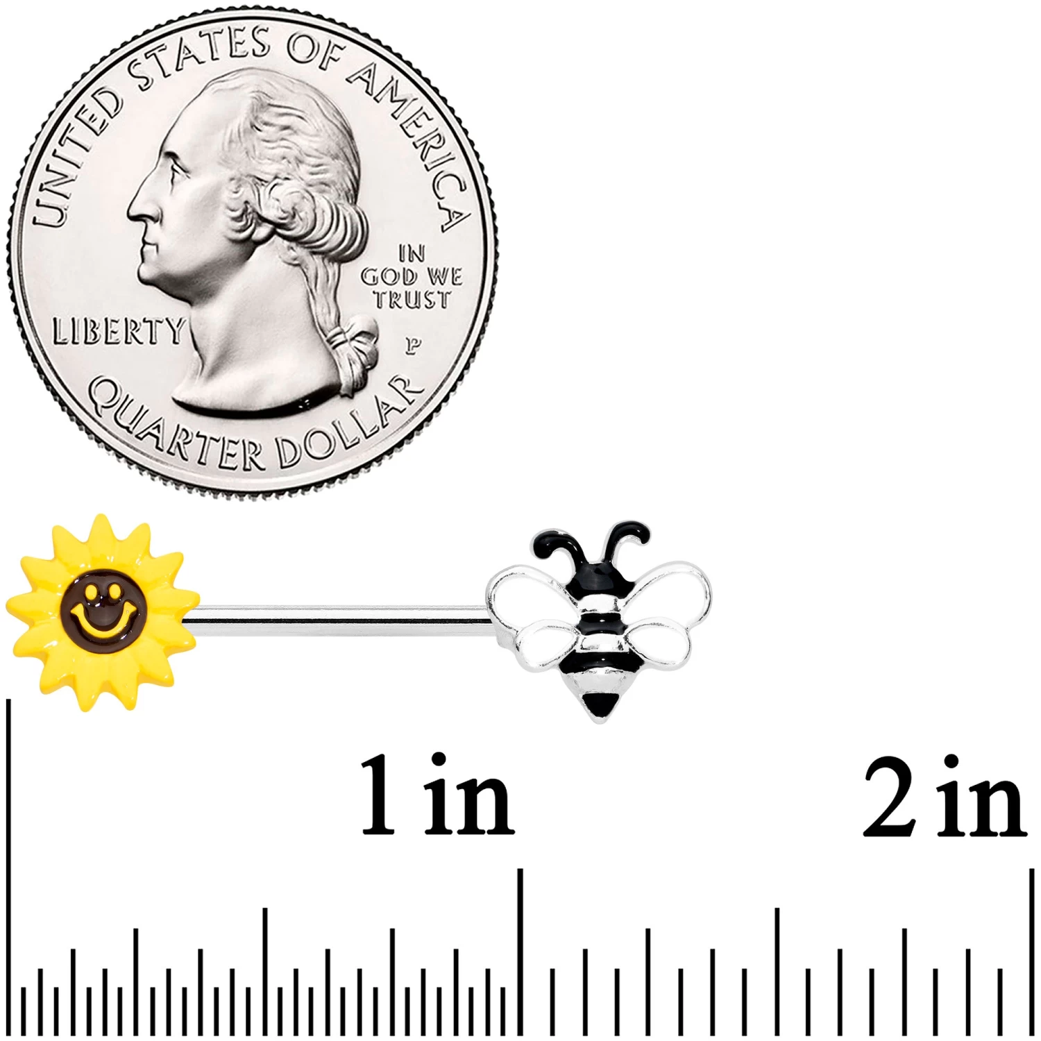 Gaby 14 Gauge 9/16 Bee Smiley Sunflower Barbell Nipple Ring Set 3 Gaby 14 Gauge 9/16 Bee Smiley Sunflower Barbell Nipple Ring Set - Image 3