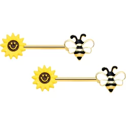 Gaby 14 Gauge 9/16 Gold Tone Bee Smiley Sunflower Barbell Nipple Ring Set