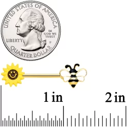 Gaby 14 Gauge 9/16 Gold Tone Bee Smiley Sunflower Barbell Nipple Ring Set -Body Jewelry Store 74338.otherimage2
