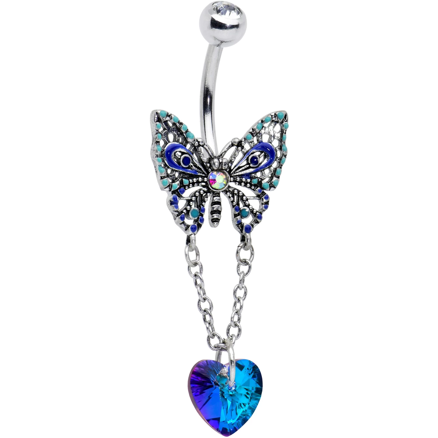 Blue Gem Heart Colorful Butterfly Chain Dangle Belly Ring 1 Blue Gem Heart Colorful Butterfly Chain Dangle Belly Ring