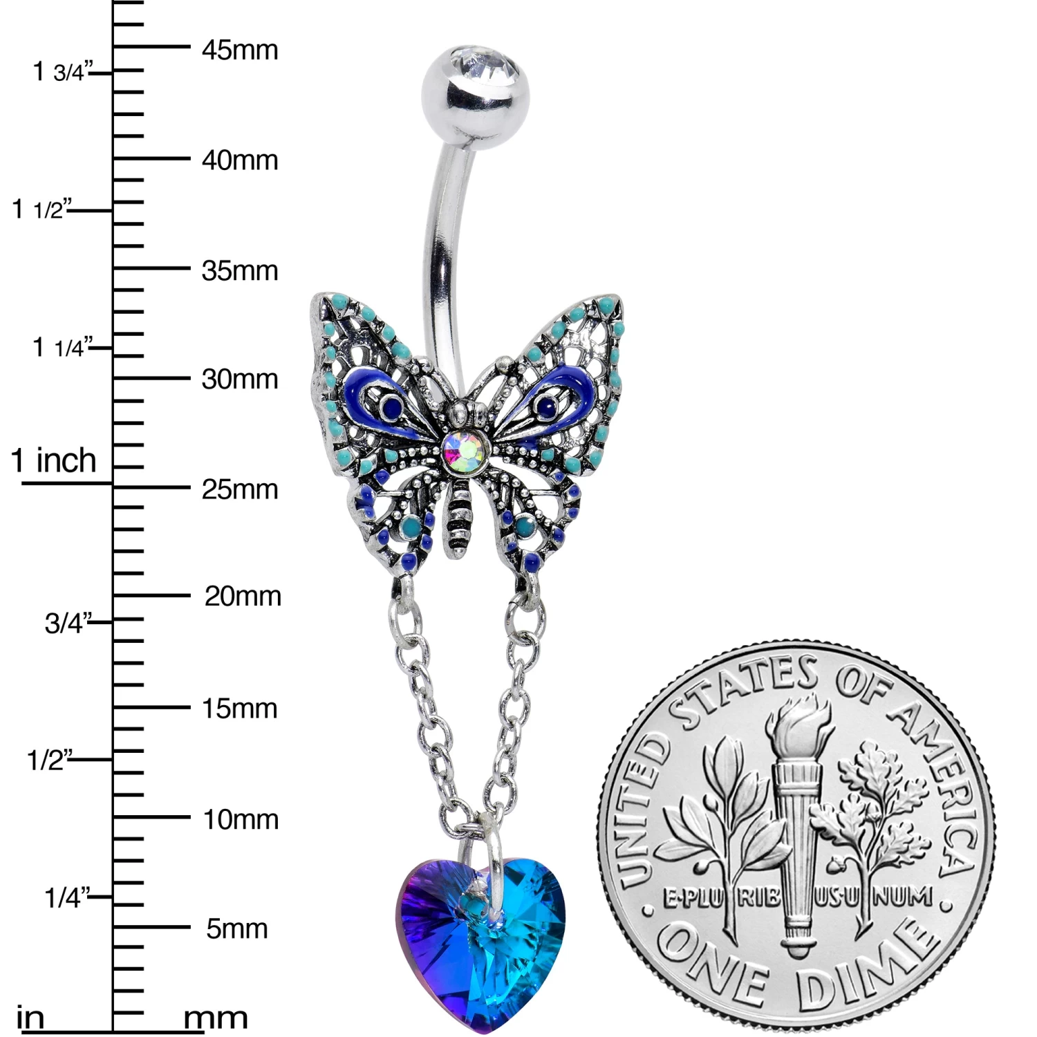 Blue Gem Heart Colorful Butterfly Chain Dangle Belly Ring 2 Blue Gem Heart Colorful Butterfly Chain Dangle Belly Ring - Image 2