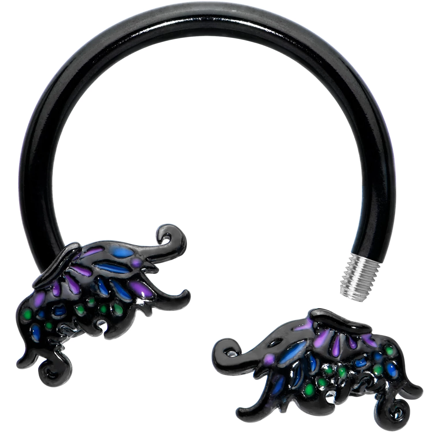 16 Gauge 3/8 Black Fantasy Faerie Wings Horseshoe Circular Barbell 2 16 Gauge 3/8 Black Fantasy Faerie Wings Horseshoe Circular Barbell - Image 2