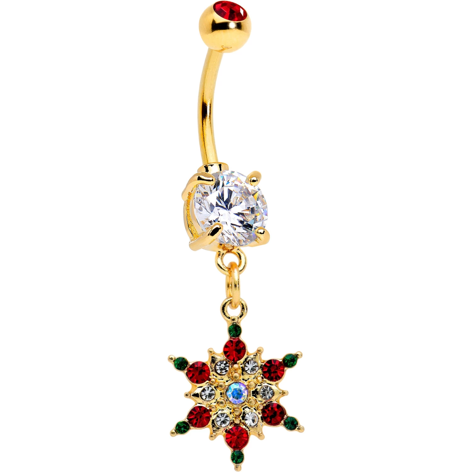 Aurora Red Green Gem Gold Tone Christmas Star Holiday Dangle Belly Ring 1 Aurora Red Green Gem Gold Tone Christmas Star Holiday Dangle Belly Ring
