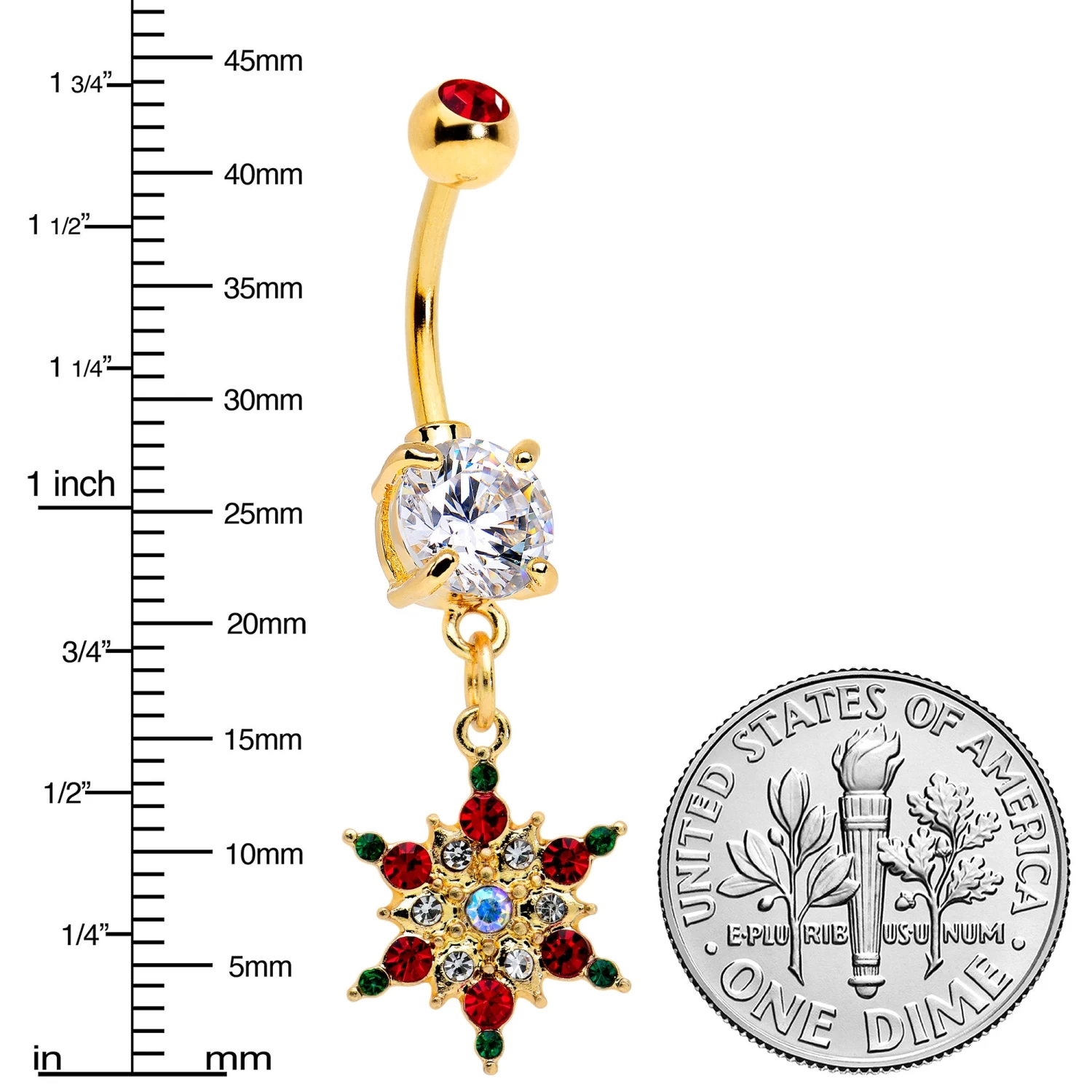 Aurora Red Green Gem Gold Tone Christmas Star Holiday Dangle Belly Ring 3 Aurora Red Green Gem Gold Tone Christmas Star Holiday Dangle Belly Ring - Image 3