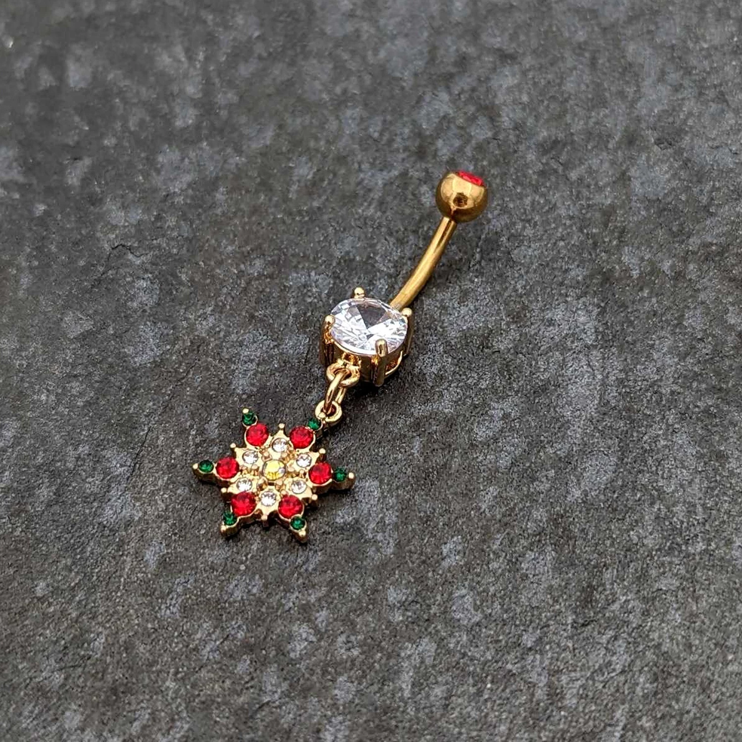 Aurora Red Green Gem Gold Tone Christmas Star Holiday Dangle Belly Ring 4 Aurora Red Green Gem Gold Tone Christmas Star Holiday Dangle Belly Ring - Image 4
