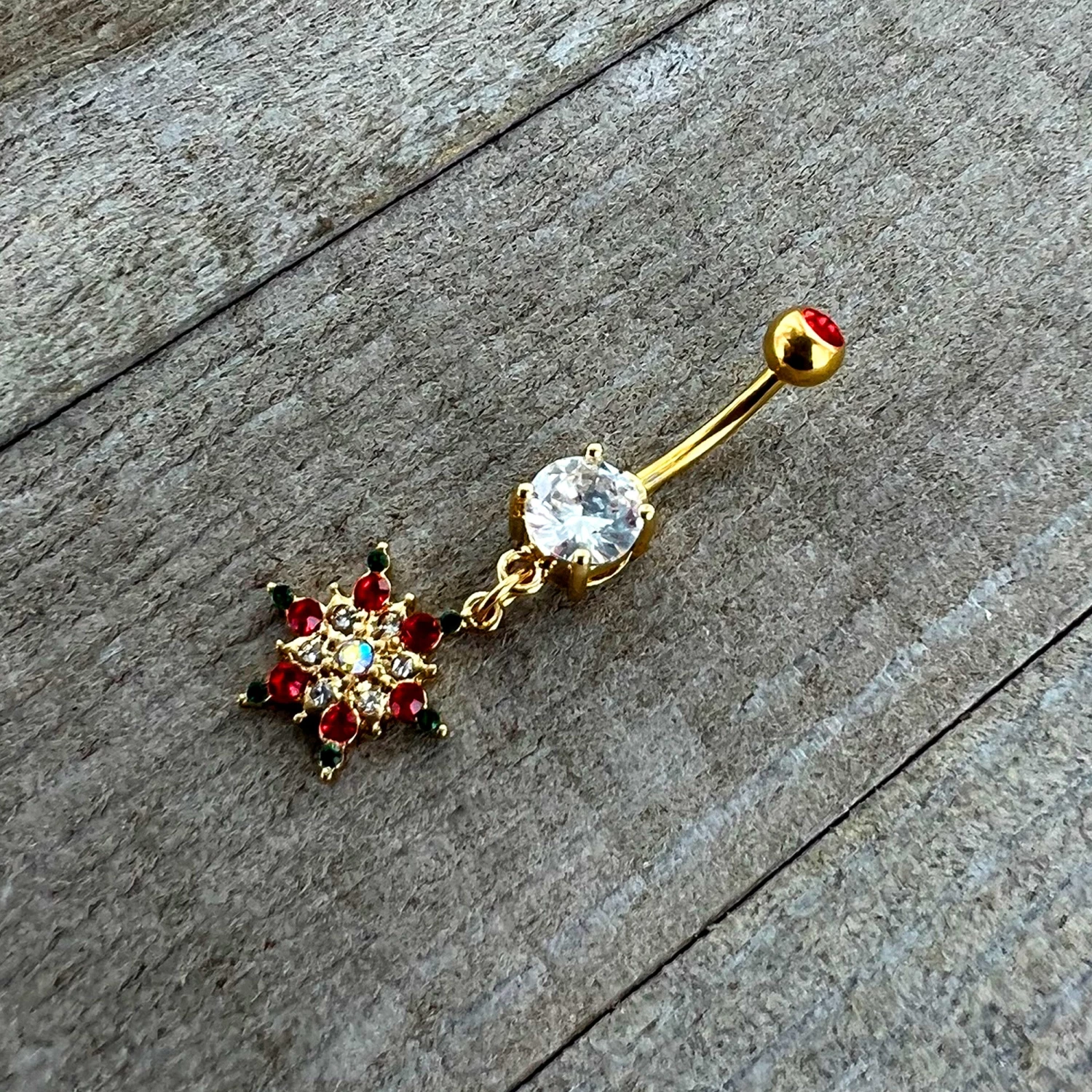 Aurora Red Green Gem Gold Tone Christmas Star Holiday Dangle Belly Ring 6 Aurora Red Green Gem Gold Tone Christmas Star Holiday Dangle Belly Ring - Image 6