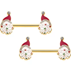 14 Gauge 1/2 Clear Gem Gold Tone Decorated Santa Barbell Nipple Ring Set