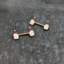 14 Gauge 1/2 Clear Gem Gold Tone Decorated Santa Barbell Nipple Ring Set -Body Jewelry Store 74575.otherimage3