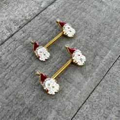 14 Gauge 1/2 Clear Gem Gold Tone Decorated Santa Barbell Nipple Ring Set -Body Jewelry Store 74575.otherimage5