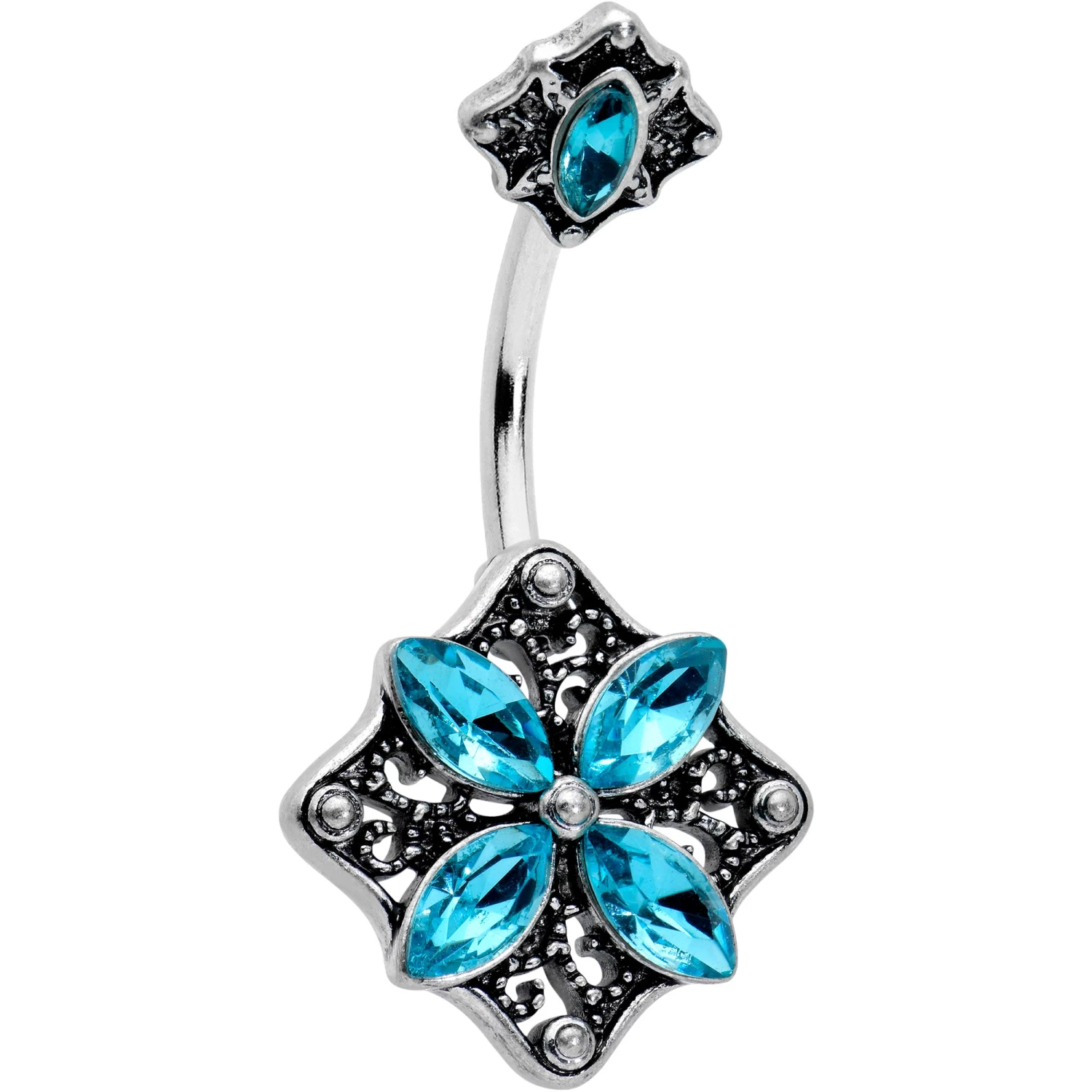 Blue Gem Baroque Rhombus Flower Double Mount Belly Ring 1 Blue Gem Baroque Rhombus Flower Double Mount Belly Ring