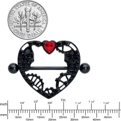 14 Gauge 7/8 Red Gem Black Skeleton Steampunk Heart Nipple Shield Set -Body Jewelry Store 74763.otherimage2