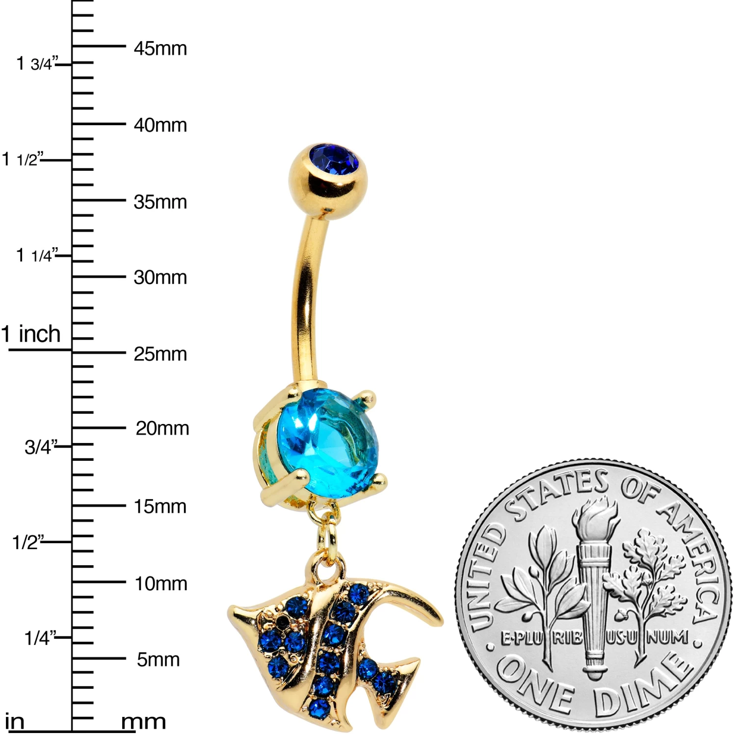 Blue Gem Gold Tone Adorable Angelfish Dangle Belly Ring 2 Blue Gem Gold Tone Adorable Angelfish Dangle Belly Ring - Image 2