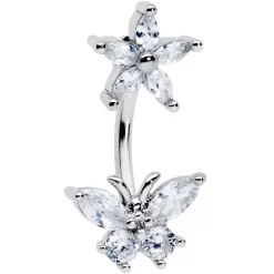 Gaby Clear CZ Gem Flower Butterfly Double Mount Belly Ring