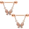 14 Gauge 5/8 Clear Gem Rosy Tone Airy Butterfly Dangle Nipple Ring Set