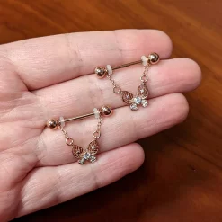 14 Gauge 5/8 Clear Gem Rosy Tone Airy Butterfly Dangle Nipple Ring Set -Body Jewelry Store 74944.otherimage3