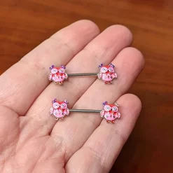 Gaby 14 Gauge 9/16 Bow Pink Heart Owls Barbell Nipple Ring Set -Body Jewelry Store 74964.otherimage3