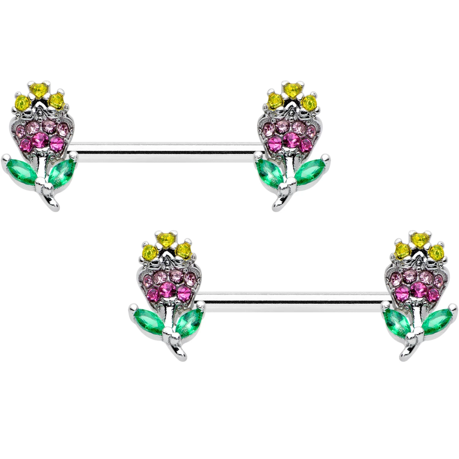 Gaby 14 Gauge 9/16 Green Pink Gem Mardi Gras Flower Barbell Nipple Ring Set 1 Gaby 14 Gauge 9/16 Green Pink Gem Mardi Gras Flower Barbell Nipple Ring Set