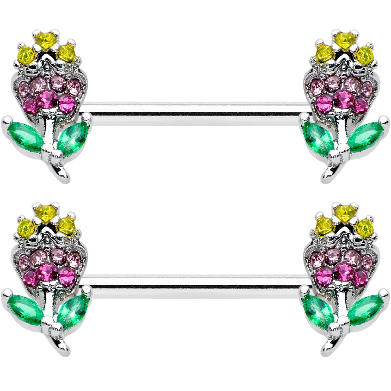 Gaby 14 Gauge 9/16 Green Pink Gem Mardi Gras Flower Barbell Nipple Ring Set 2 Gaby 14 Gauge 9/16 Green Pink Gem Mardi Gras Flower Barbell Nipple Ring Set - Image 2