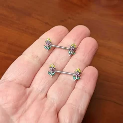 Gaby 14 Gauge 9/16 Green Pink Gem Mardi Gras Flower Barbell Nipple Ring Set 7 Gaby 14 Gauge 9/16 Green Pink Gem Mardi Gras Flower Barbell Nipple Ring Set -Body Jewelry Store 74996.otherimage3