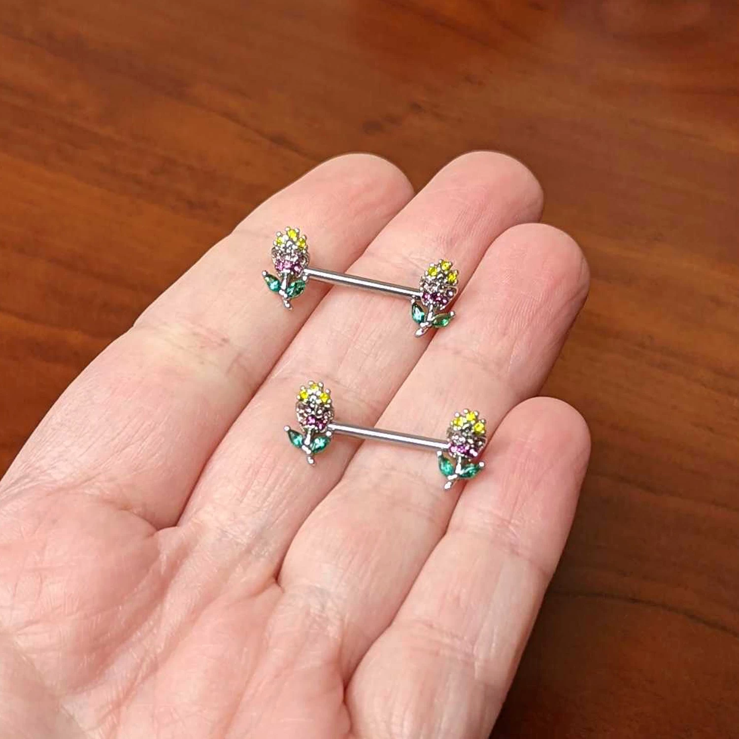 Gaby 14 Gauge 9/16 Green Pink Gem Mardi Gras Flower Barbell Nipple Ring Set 4 Gaby 14 Gauge 9/16 Green Pink Gem Mardi Gras Flower Barbell Nipple Ring Set - Image 4