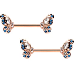 14 Gauge 9/16 Clear Blue Gem Rosy Tone Butterfly Wing Nipple Ring Set