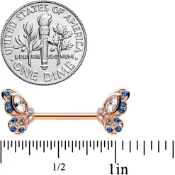 14 Gauge 9/16 Clear Blue Gem Rosy Tone Butterfly Wing Nipple Ring Set -Body Jewelry Store 75038.otherimage2