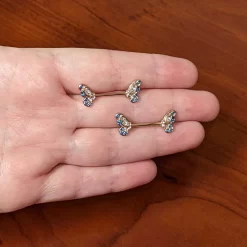 14 Gauge 9/16 Clear Blue Gem Rosy Tone Butterfly Wing Nipple Ring Set -Body Jewelry Store 75038.otherimage3