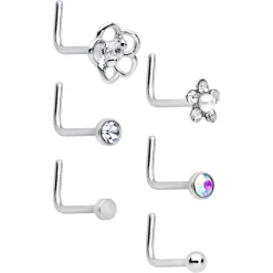20 Gauge 1/4 Aurora Clear CZ Gem Flower L Shape Nose Ring Set Of 6