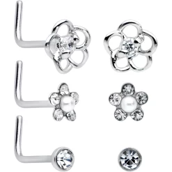 20 Gauge 1/4 Aurora Clear CZ Gem Flower L Shape Nose Ring Set Of 6 -Body Jewelry Store 75116.otherimage3