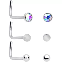 20 Gauge 1/4 Aurora Clear CZ Gem Flower L Shape Nose Ring Set Of 6 -Body Jewelry Store 75116.otherimage4
