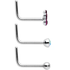 20 Gauge 1/4 Aurora Purple CZ Gem Flower Bow L Shape Nose Ring Set Of 6 -Body Jewelry Store 75119.otherimage2