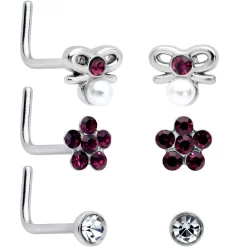 20 Gauge 1/4 Aurora Purple CZ Gem Flower Bow L Shape Nose Ring Set Of 6 -Body Jewelry Store 75119.otherimage3