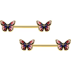 14 Gauge 5/8 Gold Tone Pink Blue Red Butterfly Barbell Nipple Ring Set