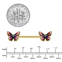 14 Gauge 5/8 Gold Tone Pink Blue Red Butterfly Barbell Nipple Ring Set -Body Jewelry Store 75238.otherimage2