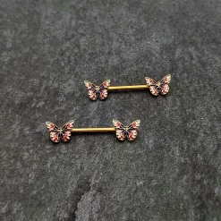 14 Gauge 5/8 Gold Tone Pink Blue Red Butterfly Barbell Nipple Ring Set -Body Jewelry Store 75238.otherimage3