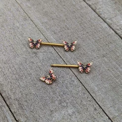 14 Gauge 5/8 Gold Tone Pink Blue Red Butterfly Barbell Nipple Ring Set -Body Jewelry Store 75238.otherimage5