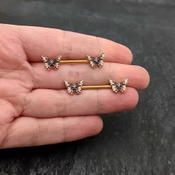 14 Gauge 5/8 Gold Tone Pink Blue Red Butterfly Barbell Nipple Ring Set -Body Jewelry Store 75238.otherimage6