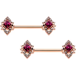 14 Gauge 9/16 Red Gem Rosy Tone Octogram Star Barbell Nipple Ring Set