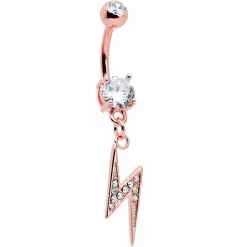Aurora CZ Gem Rose Gold Tone Lightning Strike Dangle Belly Ring