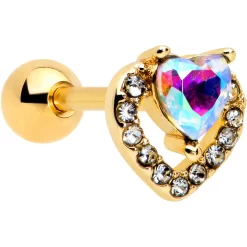 16 Gauge 1/4 Aurora Gem Gold Tone Rococo Heart Cartilage Tragus Earring