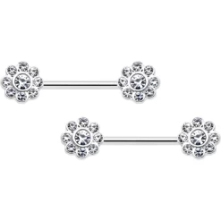 14 Gauge 9/16 Clear Gem Whimsy Flower Barbell Nipple Ring Set