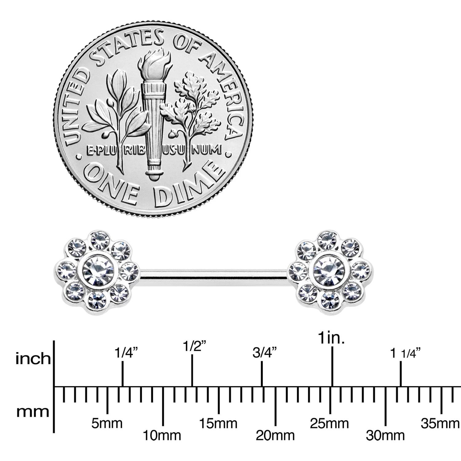 14 Gauge 9/16 Clear Gem Whimsy Flower Barbell Nipple Ring Set 3 14 Gauge 9/16 Clear Gem Whimsy Flower Barbell Nipple Ring Set - Image 3