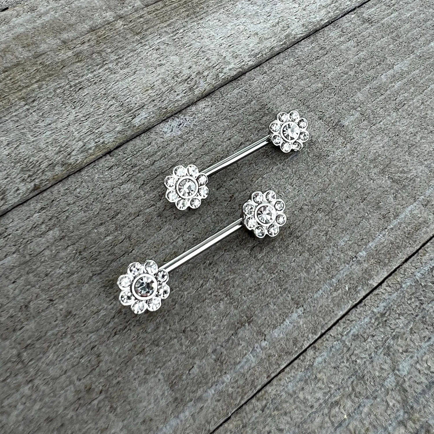 14 Gauge 9/16 Clear Gem Whimsy Flower Barbell Nipple Ring Set 4 14 Gauge 9/16 Clear Gem Whimsy Flower Barbell Nipple Ring Set - Image 4