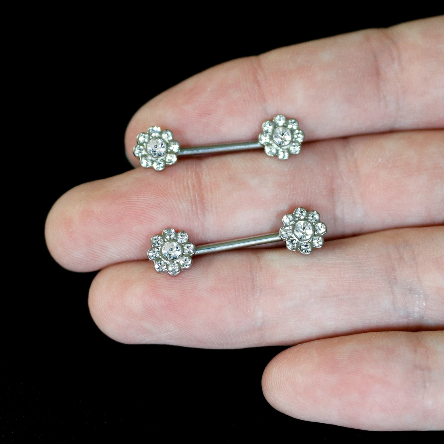14 Gauge 9/16 Clear Gem Whimsy Flower Barbell Nipple Ring Set 5 14 Gauge 9/16 Clear Gem Whimsy Flower Barbell Nipple Ring Set - Image 5