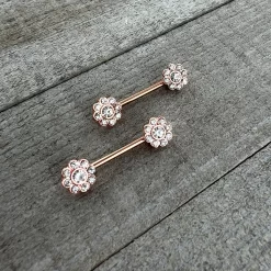 14 Gauge 9/16 Clear Gem Rosy Tone Whimsy Flower Barbell Nipple Ring Set -Body Jewelry Store 75315.otherimage3