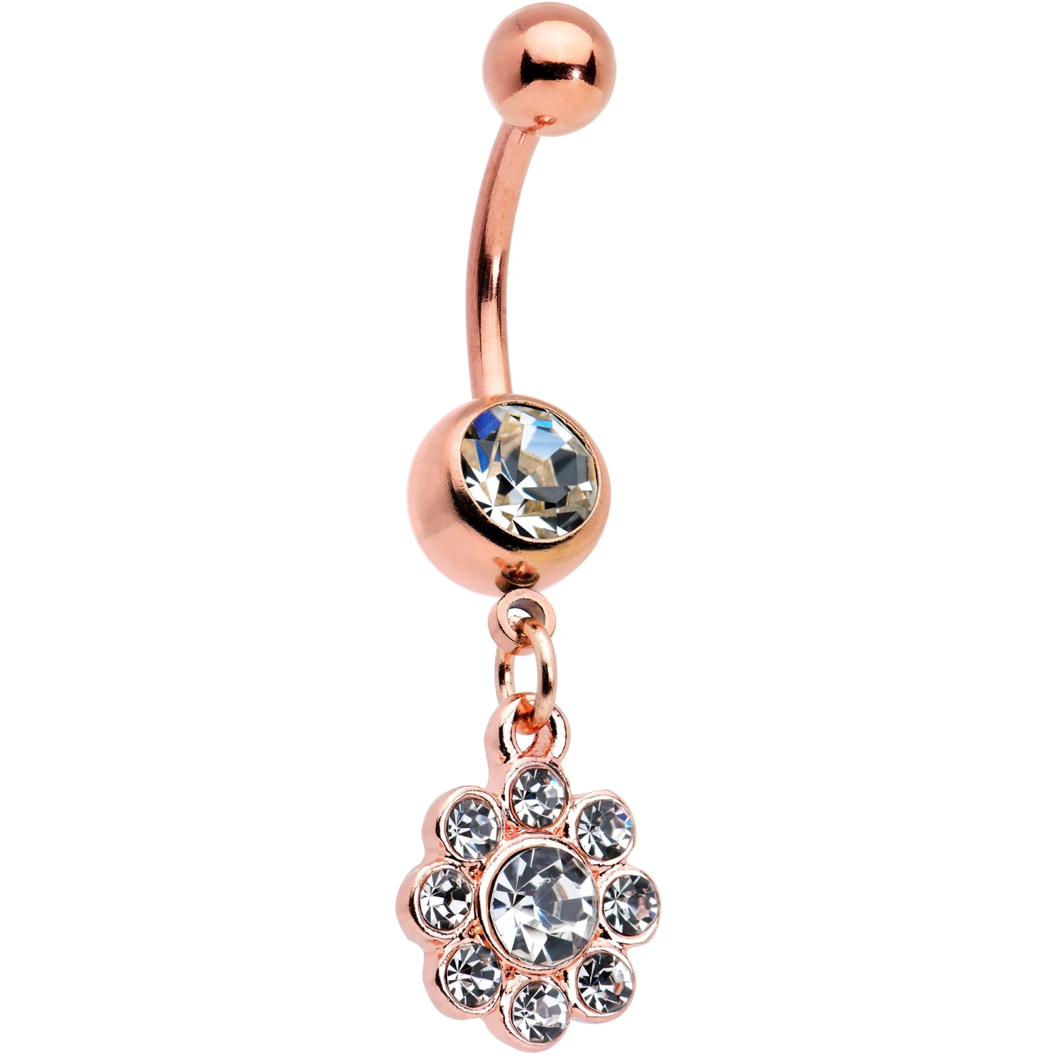Clear Gem Rose Gold Tone Whimsy Flower Dangle Belly Ring 1 Clear Gem Rose Gold Tone Whimsy Flower Dangle Belly Ring