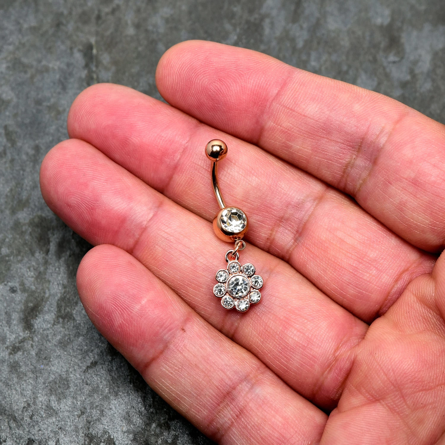 Clear Gem Rose Gold Tone Whimsy Flower Dangle Belly Ring 2 Clear Gem Rose Gold Tone Whimsy Flower Dangle Belly Ring - Image 2