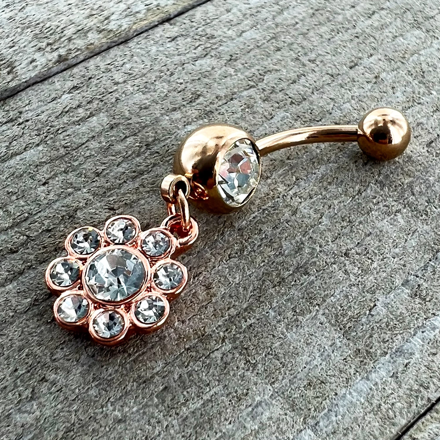 Clear Gem Rose Gold Tone Whimsy Flower Dangle Belly Ring 5 Clear Gem Rose Gold Tone Whimsy Flower Dangle Belly Ring - Image 5