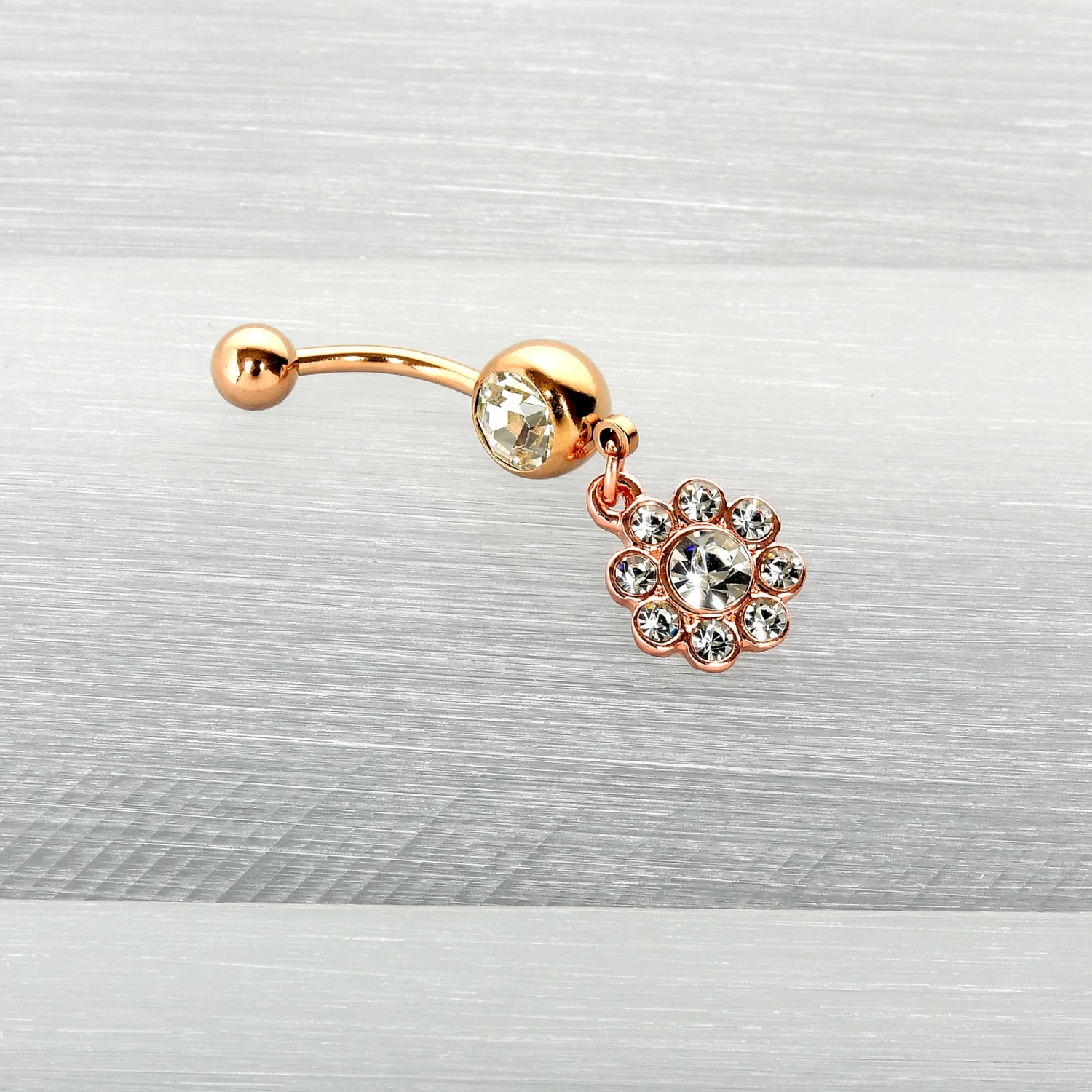 Clear Gem Rose Gold Tone Whimsy Flower Dangle Belly Ring 6 Clear Gem Rose Gold Tone Whimsy Flower Dangle Belly Ring - Image 6