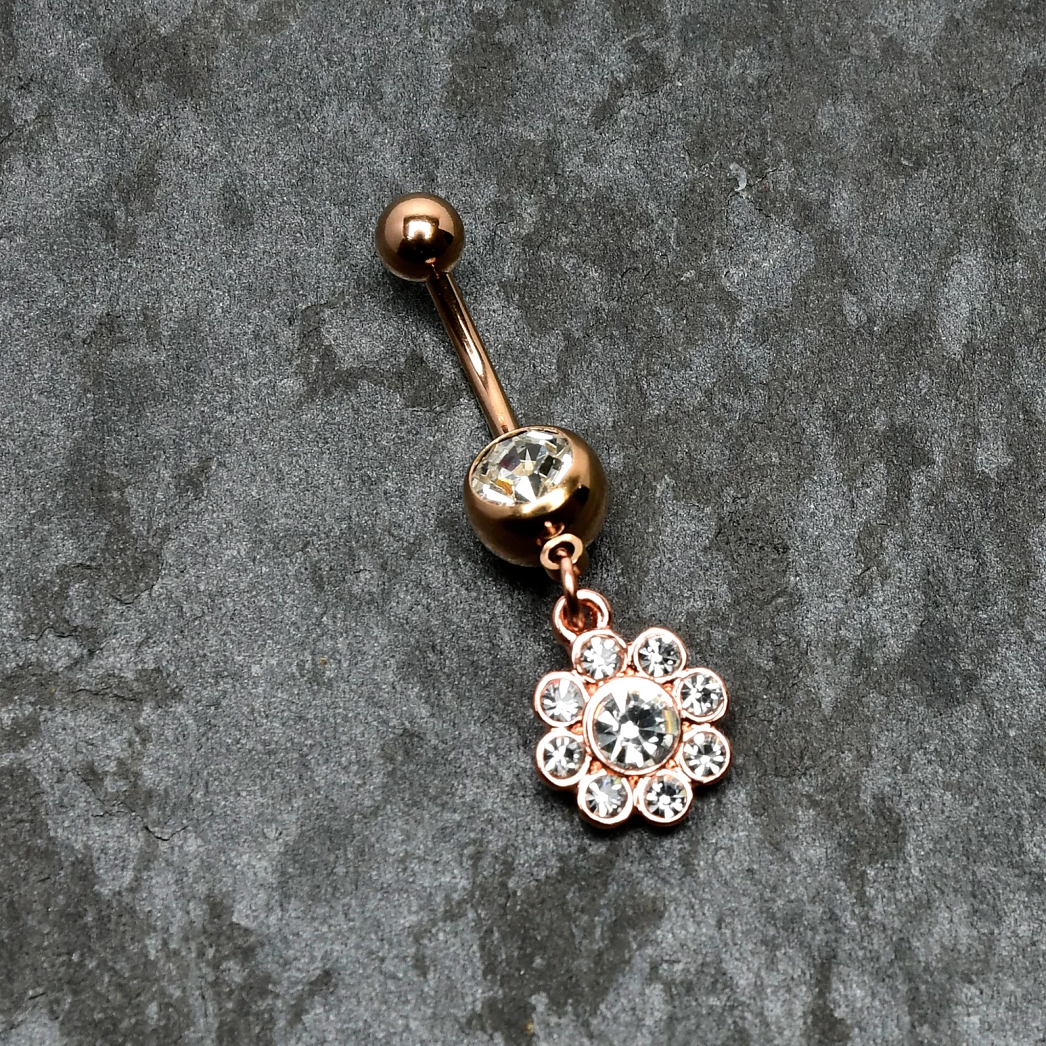 Clear Gem Rose Gold Tone Whimsy Flower Dangle Belly Ring 7 Clear Gem Rose Gold Tone Whimsy Flower Dangle Belly Ring - Image 7